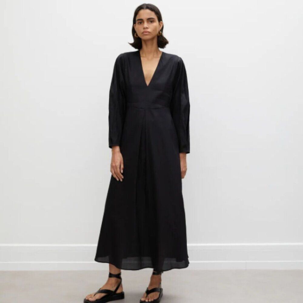 ROHE Leonore Midi Dress 42 US 10 Black Lyocell Cotton V-Neck Minimalist NWT
